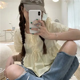 GETADME Ruffles Shirts and Blouses Korea Short Sleeve Top Women 2025 Summer Lace-up Sweet Blouses Cute Elegant Solid Sweet Folds Clothes