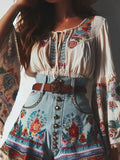 Blouse bohème à manches évasées Getadme, motif floral, cordon de serrage, col rond, laçage, style ethnique, hauts pour femmes, printemps-été-automne, blouses chics