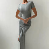 GETADME 여성 봄/여름 정장 솔리드 O넥 반팔 바디수트+셔링 스플릿 롱 스커트 캐주얼 하이스트리트 클럽 2피스 세트