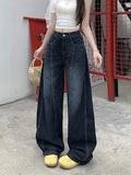 GETADME 2025 Cyber Y2K Fashion Letter Embroidery Washed Blue Baggy Jeans Pants For Women Clothing Wide Leg Lady Trousers Pantalon Femme