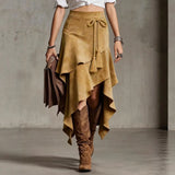 GETADME Vintage Western-style irregular design suede skirt solid color midi skirt