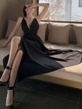Getadme-귀여운 패션 섹시 백리스 슬리브리스 V넥 맥시 드레스 여성 여름 솔리드 블랙 홀터 스플릿 드레스 레이디 미드나잇 파티 의상