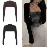 GETADME Women Thumbhole Long Sleeve Bolero Shrug Solid Color Open Front Cropped Cardigan Top Bodycon Slim Fit Sunscreen Arm Cover Jacket