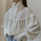 GETADME French Lapel Lantern Sleeve Lace Design Shirt, Loose White Shirt, Early Spring, New, 2025