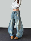 GETADME 2025 Ropa Y2K Fashion Ink Paint Vintage Blue Baggy Jeans Pants For Women Clothing Old Wide Leg Lady Denim Trousers Ropa De Mujer