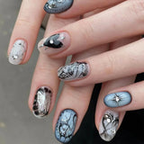 GETADME 24Pcs Short Round Press on False Nails Silver Butterfly Love Heart Design Full Cover Nails Tips Rhinestone Detachable Fake Nails