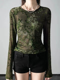 GETADME Autumn Round Neck Long Sleeve T-shirt Women's Fashion Slim Fit Fashion Trend See Throught T Shirts Flocking Flowers Tees