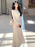 Getadme-Autumn Spirng French Elegant Slim Women Midi Dress Fashion Flare Sleeve Stain Mermaid ady Vestidos Mujers Clothes