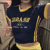 GETADME Brazilian letter embroidered Gothic cut top street clothing plaid baby T-shirt retro short sleeved Y2k clothing 2025 summer EMO