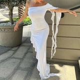 GETADME Summer Newly Irregular Ruffle Fringe Party Off Shoulder Dress Elegant One Sleeve 2025 Slim Hip Package Lady Split Vacation Robes