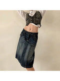 GETADME Woman Denim Midi Casual Skirt High Waist Pleated Wash Skirt Tie-dyed A-line Daily Skirt Vintage Elegant Korean Preppy Style Y2K