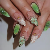 GETADME 24PCS Summer Colorful Almond False Nail with 3D Flower Beach Paintings Press on Fake Nail Full Cover Wearable Manicure for Women