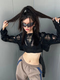 Getadme- Sexy Streetwear Crop Black T Shirts Women Y2k Hollow Knitted Cropped Mesh Top Female Goth 2000s Shirts Kpop Chic Tees
