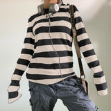 GETADME Women Fairy Grunge Knit Basic Shirt Autumn Y2K Grey Black Striped Long Sleeve Round Neck Tops Emo Tee