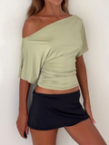 GETADME Absobe Off Shoulder Ruched Crop Top Women Basics Solid Color Skew Collar Short Sleeve T-shirts Summer Casual Streetwear Tees