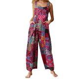 GETADME Captivating New Women Summer Overalls, Multicolor Ethnic Style Square Neck Sleeveless Casual Jumpsuit with Pockets for Girls