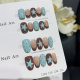Getadme 10pcs Handmade French Short Press On Nails Blue Brown Polka Dot Bow Star Design Fake Nail Wearable Nail Art Tips for Girls