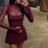 GETADME Women O Collar Mesh Splicing Long Sleeve Spring Newly Simple Mini Dresses Elegant Bag Hip Bodycon Ladies Evening Party Prom Robe
