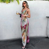 GETADME Sexy Printed V-neck Halter Long Dresses Women Retro Sleeveless Backless Side Slit Beach Dress Female Fashion High Street Holiday
