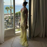 GETADME Yellow Sequins Maxi Beach Dress Women Sexy Backless Slim Party Fishtail Dresses Summer Mesh Patchwork Sheer Holiday Dress 2025