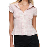 GETADME Women Summer Kawaii Solid Shirring Button Up Turn Down Collar Short Sleeve White Shirts Ladies Office Casual Summer Clothes