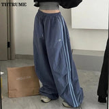 GETADME Oversized Hip Hop Baggy Pants Fashion Women Striped Pocket Elastic High Waist Cargo Pant Streetwear Sweatpant Loose New Trousers
