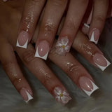 GETADME 24개입 짧은 사각형 프렌치 네일 팁 3D 엠보싱 꽃 장식 탈부착 가능, 착용 가능, 여성용 프레스온 네일, DIY 매니큐어