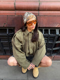 GETADME Vintage Suede Zipper Jacket Women Casual Oversized Lapel Green Long Sleeve Bomber Coats 2025 Spring Street Chic Outerwear Tops