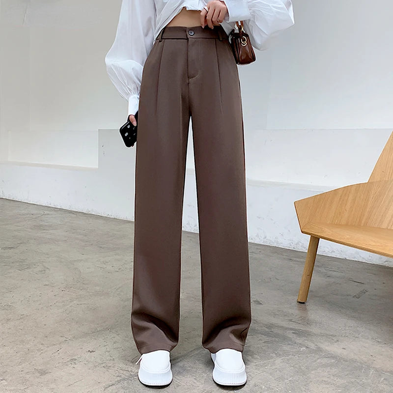 Pantalon tailleur GETADME pour femme, taille haute, longueur au sol, blanc, coupe ample, jambes larges, idéal pour l'automne et l'hiver. Pantalon droit long pour femme, parfait pour le bureau.