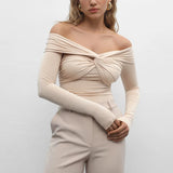 GETADME Trendix Cross Neck Long Sleeve Shirts For Women Sexy Off Shoulder Solid Slim Short Tops Club Casual Party Bodycon T-shirt Ladies