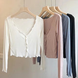 Getadme-Women's Thin Knitted Shirt Slim Crop Top Single Breasted V-neck Cardigans Ladies Casual Skirt Shawl Solid Elegant Sunscreen Coat