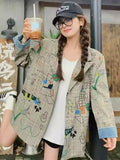 GETADME High Street Y2K Design Graffiti Plaid Blazer Jacket Loose Tailored Coat Women Casual Funny Cartoon Clothes Harajuku New Autumn