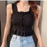 Getadme-Y2K Sexy OFF White Ruffles Sleeveless Tops Buttons Cute Women Cropped T-shirt New Streetwear Stripe Summer