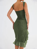 GETADME Elegant Ruffle Ruched Midi Dress For Women Robe Summer New Backless Sleeveless Irregular Club Party Sexy Dress Vestido