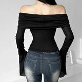 GETADME Y2k Aesthetic Simple Fashion Women's Tee Shirts Slash Neck Long Sleeve Solid Casual T-Shirts Vintage Off Shoulder Trendy Tshirts