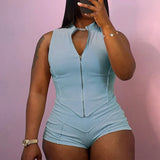 GETADME Casual Women Solid Sets Stand Collar Sleeveless Zip Up T-shirt and Elastic Low Waist Fitness Shorts Workout Outfits 2025