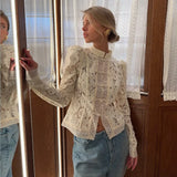GETADME Elegant Embroidery Puff Sleeve White Shirts Summer Sexy Hollow Out Lace Blouse Casual Sand Collar Top 2025 Vintage Shirts