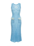 GETADME Knitted Feather Mermaid Dress Women Elegant Hollow Out Sleeveless Long Party Dresses Female 2025 Summer Spliced Beach Robes Lady
