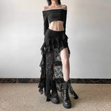 GETADME Tassels Women Skirts Irregular Hem Multi-Layered Ruffles Lace Ruffles Patchwork Sweet Skirts Sexy High Waist Y2k Party Clubwear