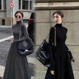 GETADME New French Style Temperament Women's High-Grade Black Dress Hepburn Style Gray Turtleneck Dress for Women Autumn Winter DF4964