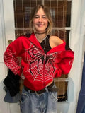 GETADME New Spider Web Red Hoodie Women Sweatshirt Zipper Warm Harajuku Punk Grunge Y2k Clothing Hip Hop Sweatshirt Hoodie Autumn Winter