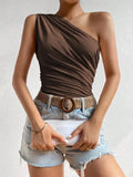 GETADME Women One Shoulder Pleated Tank Top Summer Solid Sleeveless Ruched T-shirt Streetwear Off the Shoulder Top