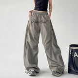 GETADME Woman Y2K Parachute Gray Pants Harajuku Streetwear Letter Embroidery Wide Leg Trousers Oversize Pockets Baggy Cargo Sweatpants