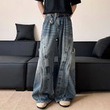 GETADME Korean Retro Jeans Men'S Curved Knife Pants Design Sense Vintage Casual Straight Leg Pants Loose Large Pocket Wide Leg Pants