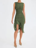 GETADME Elegant Ruffle Ruched Midi Dress For Women Robe Summer New Backless Sleeveless Irregular Club Party Sexy Dress Vestido