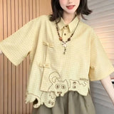 GETADME Women Y2K Streetwear Green Plaid Short Sleeve Shirt Cat Embroidery Asymmetrical Hem Frog Button Casual Loose Fit Couple Top 2026