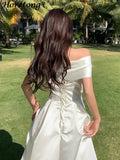 GETADME Horetong Bow Slash Neck Sexy Dress Summer Women White Fairy Elegant A-Line Midi Dresses Female Party Prom Clothes Vestdios