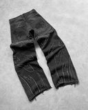 GETADME New Y2K Harajuku Retro Graphic Patch Jeans Hip Hop Gothic Raw Edge Embroidery Black Baggy Jeans Wide Leg Denim Pants Mens Womens
