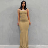 GETADME 2025 Summer Fishtail Backless Dresses For Women's Sexy Spaghetti Strap Gray Long Dress Y2k Sleeveless Solid Skinny Robe Vestidos