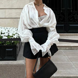 GETADME Casual Loose See-Through Shirts Women's Autumn Lapel Long Sleeve Patchwork Blouse Top Streetwear Female Solid Shirts Top